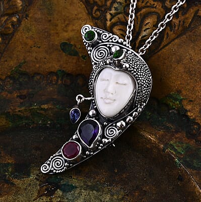 Bali Goddess Carved Bone and Multi Gemstone 3.60 ctw Pendant without Chain in Sterling Silver