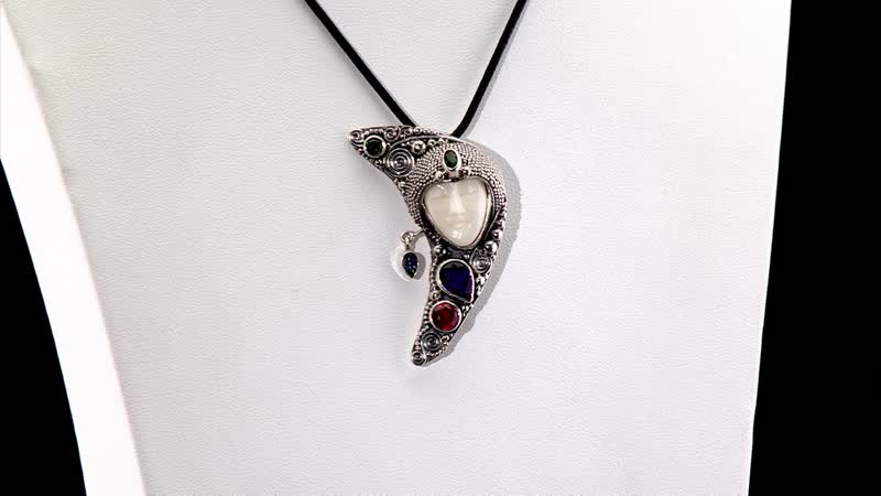 Bali Goddess Carved Bone and Multi Gemstone 3.60 ctw Pendant without Chain in Sterling Silver