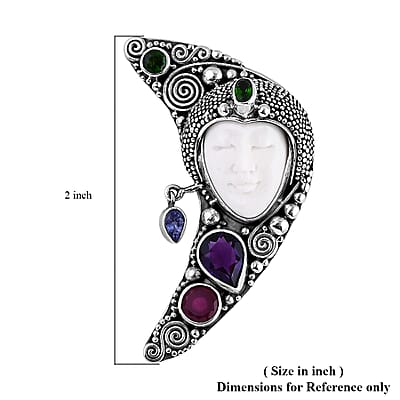 Bali Goddess Carved Bone and Multi Gemstone 3.60 ctw Pendant without Chain in Sterling Silver