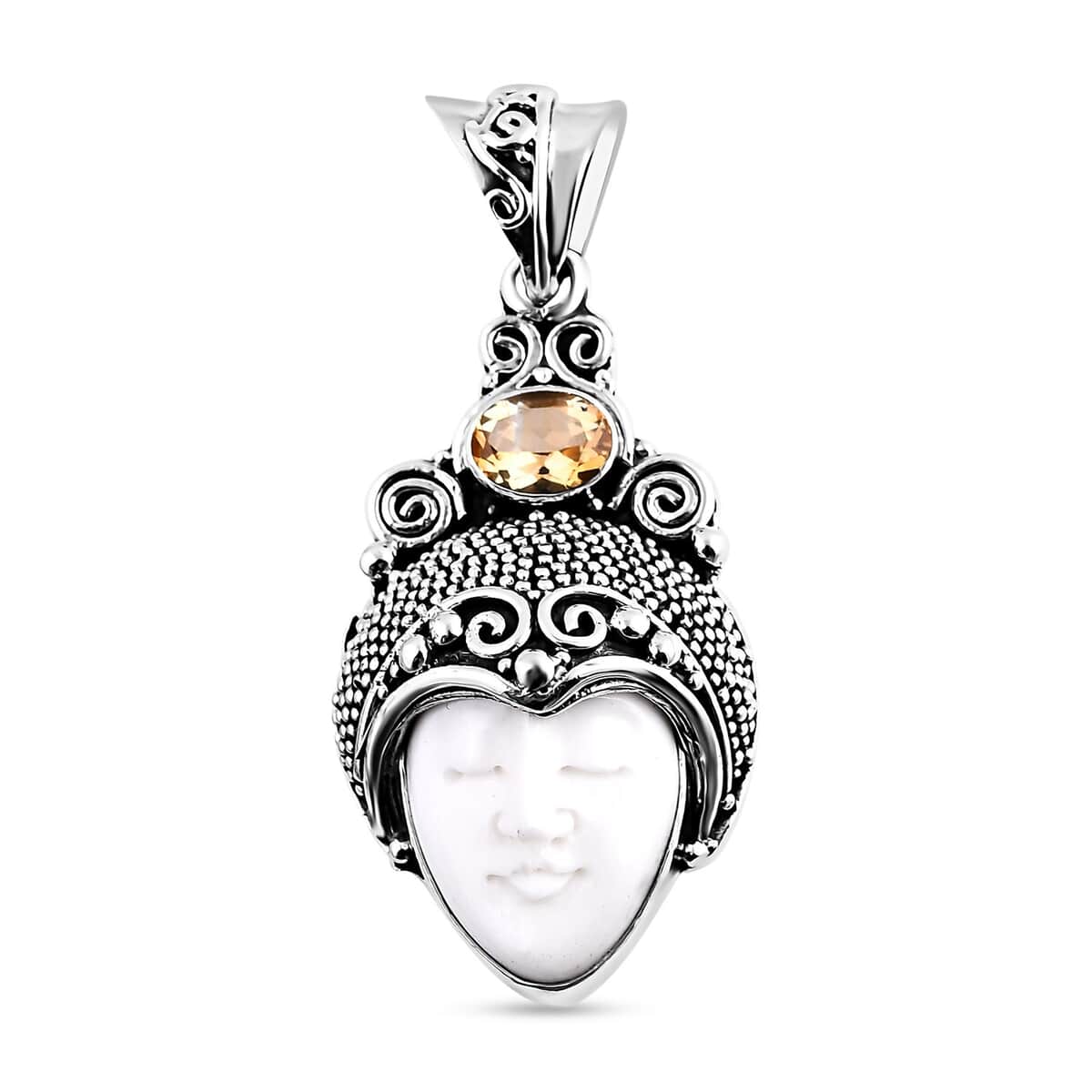 Bali Goddess Carved Bone and Brazilian Citrine 1.10 ctw Pendant in Sterling Silver image number 0