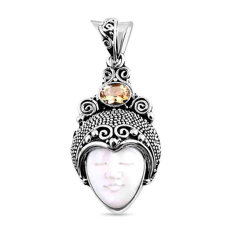 Bali Goddess Carved Bone and Brazilian Citrine 1.10 ctw Pendant without Chain in Sterling Silver