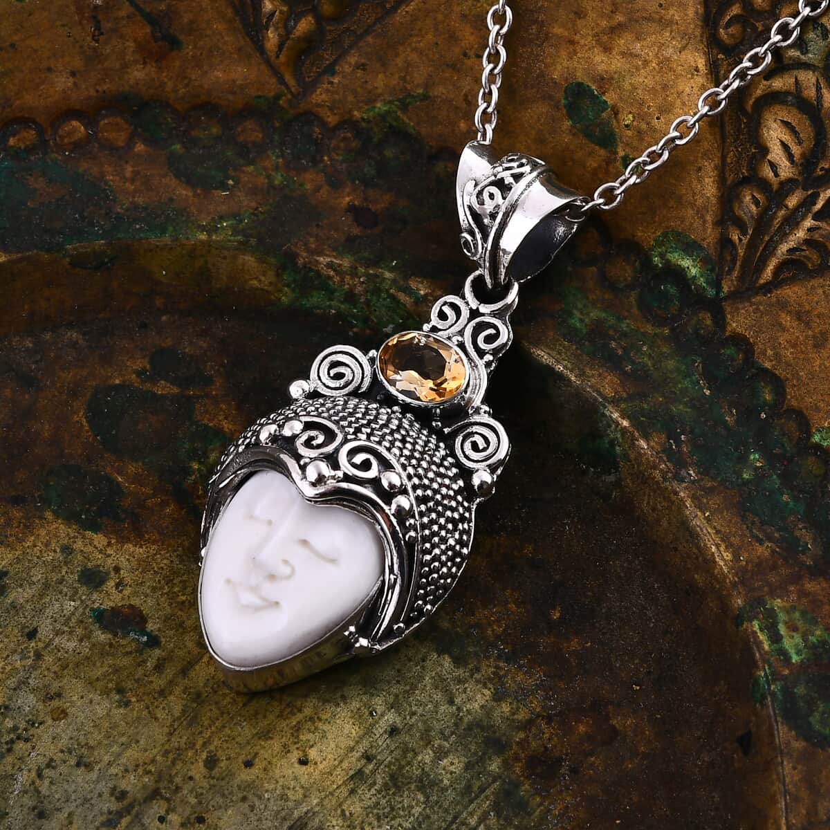 Bali Goddess Carved Bone and Brazilian Citrine 1.10 ctw Pendant in Sterling Silver image number 1