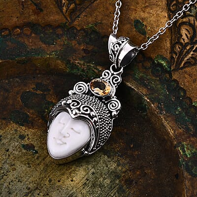 Bali Goddess Carved Bone and Brazilian Citrine 1.10 ctw Pendant without Chain in Sterling Silver