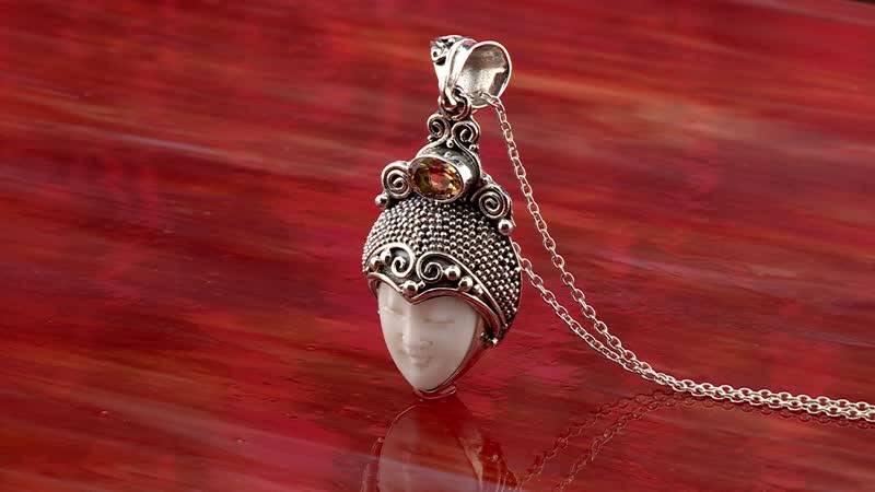 Bali Goddess Carved Bone and Brazilian Citrine 1.10 ctw Pendant without Chain in Sterling Silver