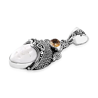 Bali Goddess Carved Bone and Brazilian Citrine 1.10 ctw Pendant without Chain in Sterling Silver