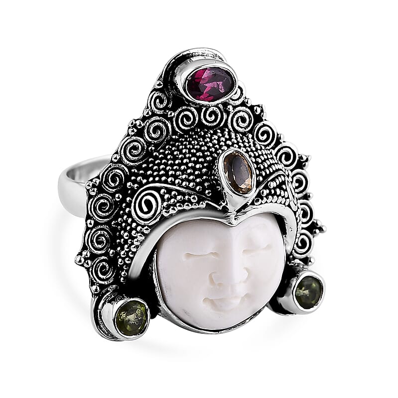 Bali Goddess Carved Bone and Multi Gemstone 1.40 ctw Ring in Sterling Silver (Size 10.0)