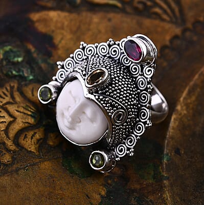 Bali Goddess Carved Bone and Multi Gemstone 1.40 ctw Ring in Sterling Silver (Size 10.0)