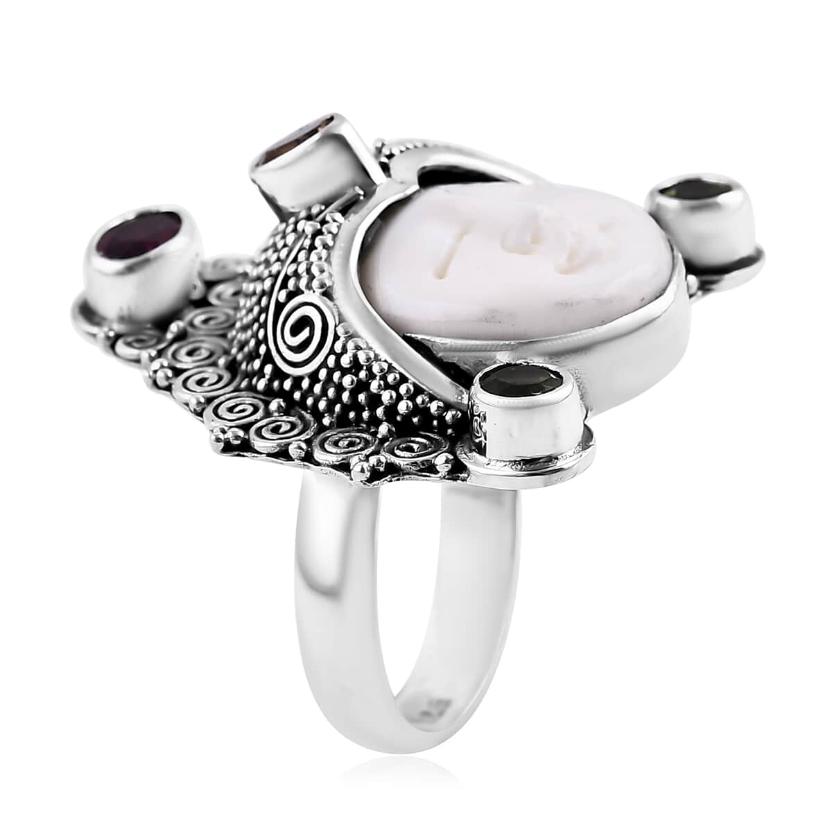 Bali Goddess Carved Bone and Multi Gemstone 1.40 ctw Ring in Sterling Silver (Size 10.0) image number 3