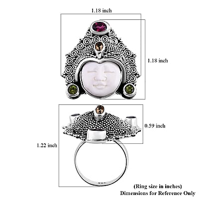 Bali Goddess Carved Bone and Multi Gemstone 1.40 ctw Ring in Sterling Silver (Size 10.0)