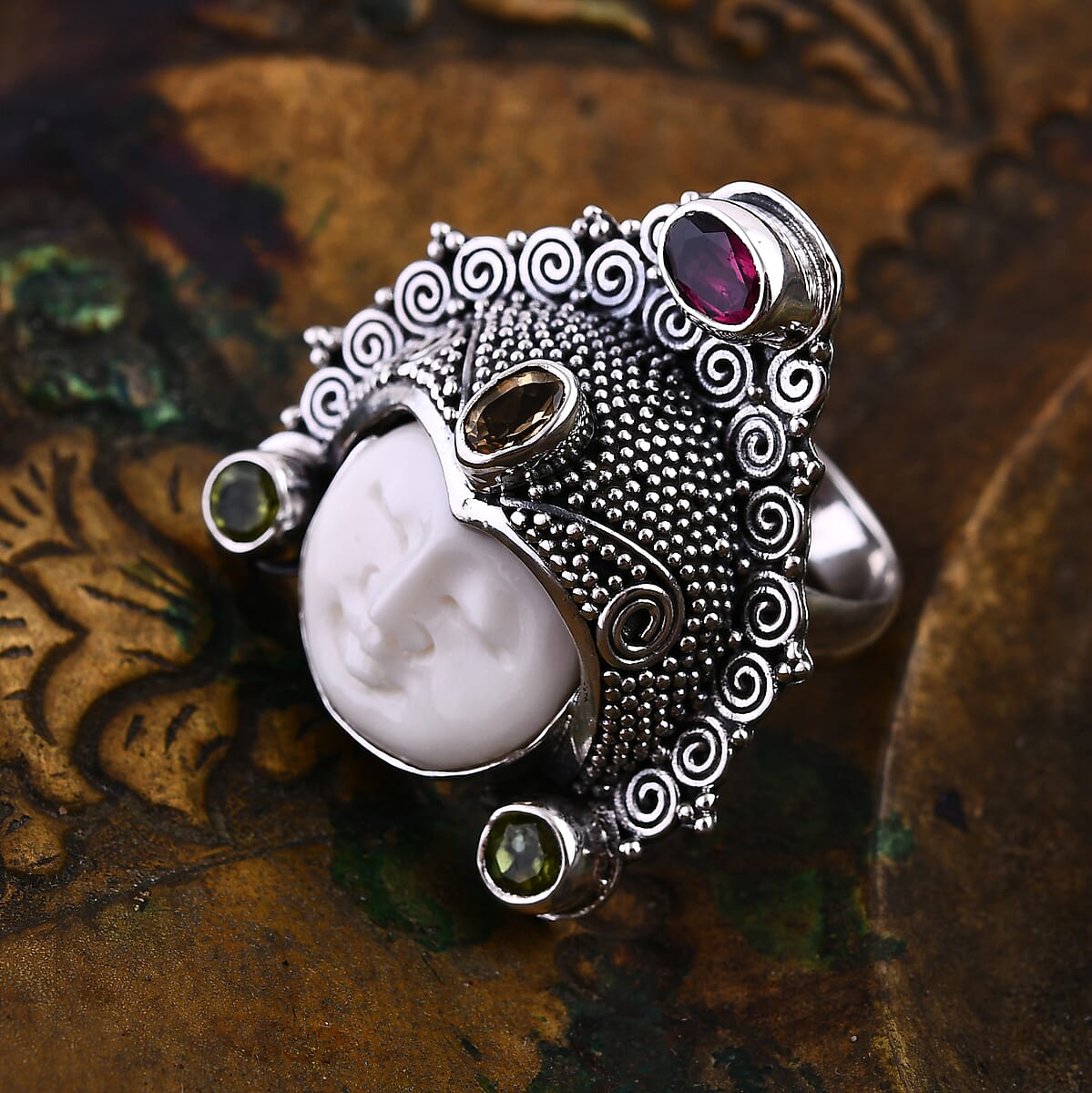 Bali Goddess Carved Bone and Multi Gemstone 1.40 ctw Ring in Sterling Silver (Size 8.0) image number 1