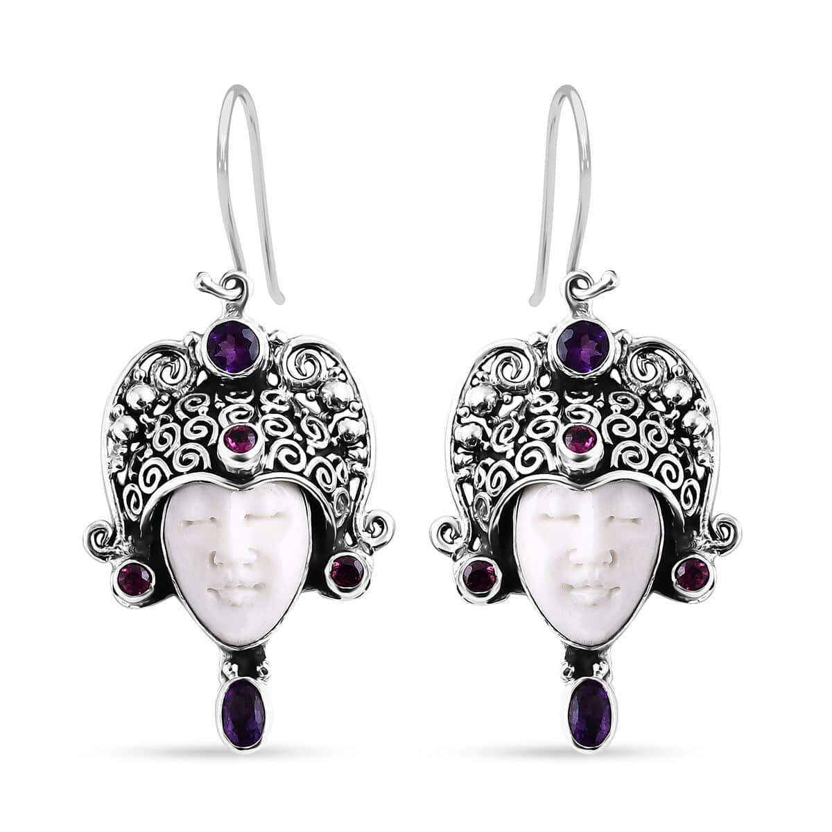 Bali Goddess Carved Bone and Multi Gemstone 2.70 ctw Earrings in Sterling Silver image number 0