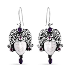 Bali Goddess Carved Bone and Multi Gemstone 2.70 ctw Earrings in Sterling Silver