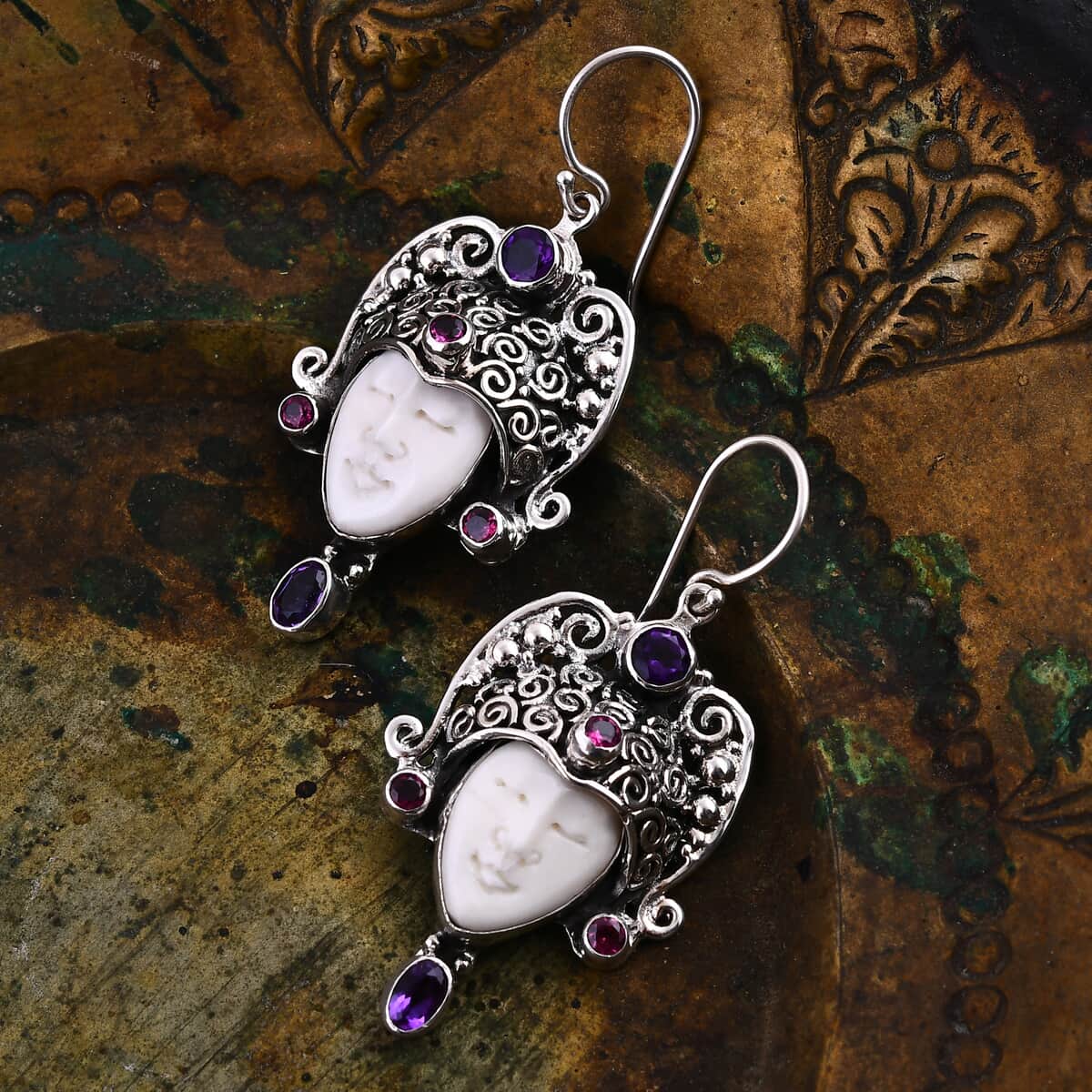 Bali Goddess Carved Bone and Multi Gemstone 2.70 ctw Earrings in Sterling Silver image number 1