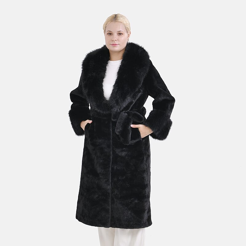 Tamsy Black Luxe Faux Fur Trench Coat with Pockets- One Size S-L