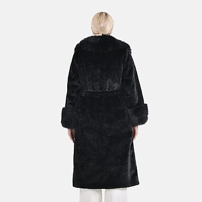 Tamsy Black Luxe Faux Fur Trench Coat with Pockets- One Size S-L