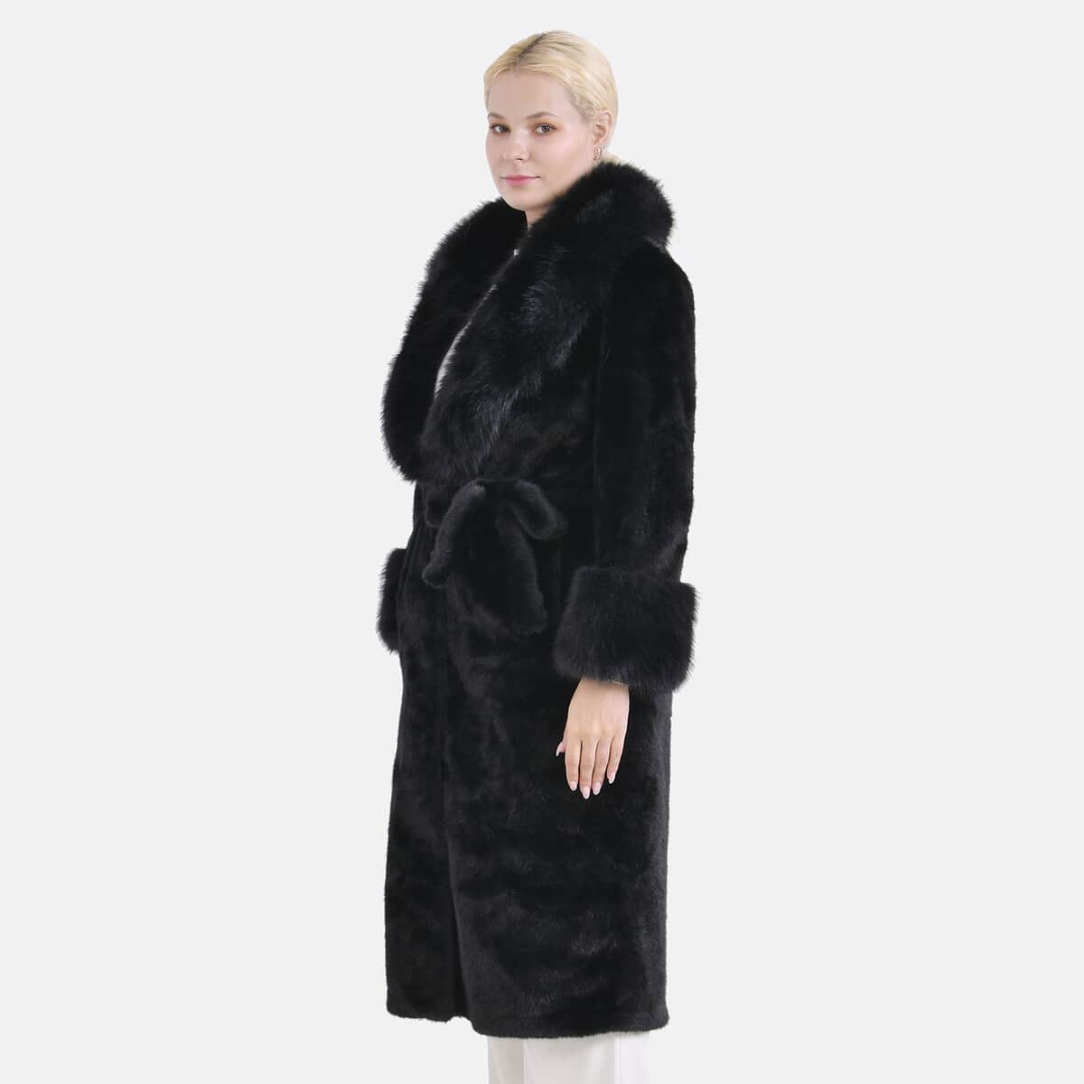 Doorbuster Tamsy Black Luxe Faux Fur Trench Coat with Pockets- One Size S-L image number 2