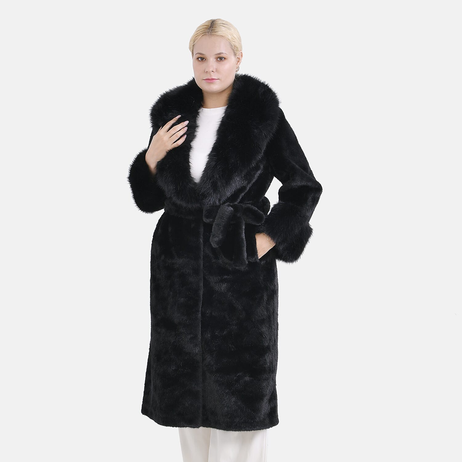 Buy Tamsy Black Luxe Faux Fur Trench Coat with Pockets- One