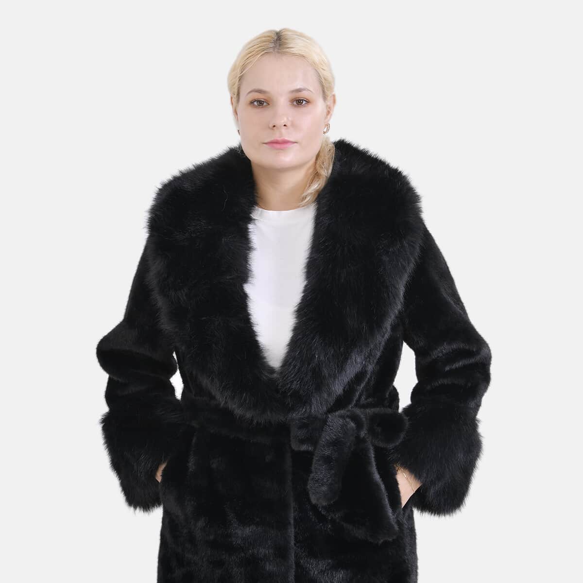 Doorbuster Tamsy Black Luxe Faux Fur Trench Coat with Pockets- One Size S-L image number 4