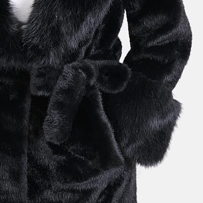 Tamsy Black Luxe Faux Fur Trench Coat with Pockets- One Size S-L