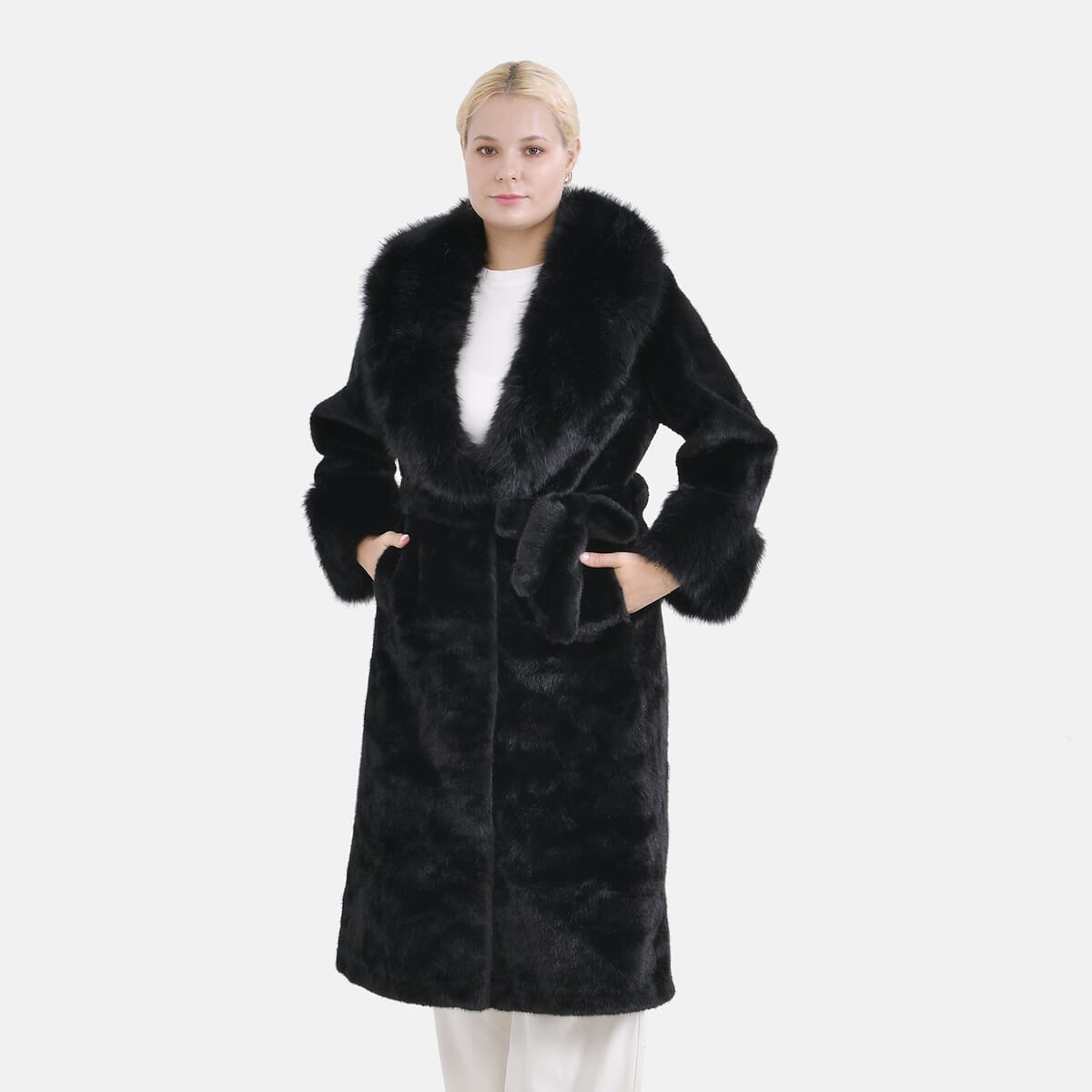 Tamsy Black Luxe Faux Fur Trench Coat with Pockets- One Size L-XL image number 0
