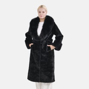Tamsy Black Luxe Faux Fur Trench Coat with Pockets- One Size L-XL