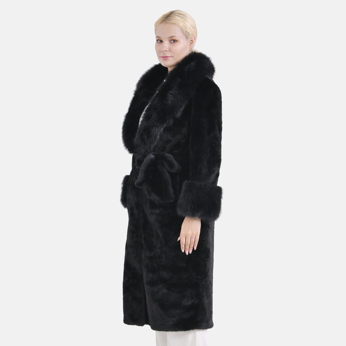 Tamsy Black Luxe Faux Fur Trench Coat with Pockets- One Size L-XL image number 2