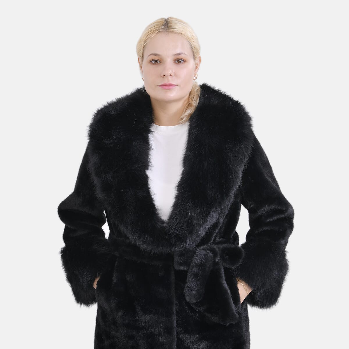 Tamsy Black Luxe Faux Fur Trench Coat with Pockets- One Size L-XL image number 4