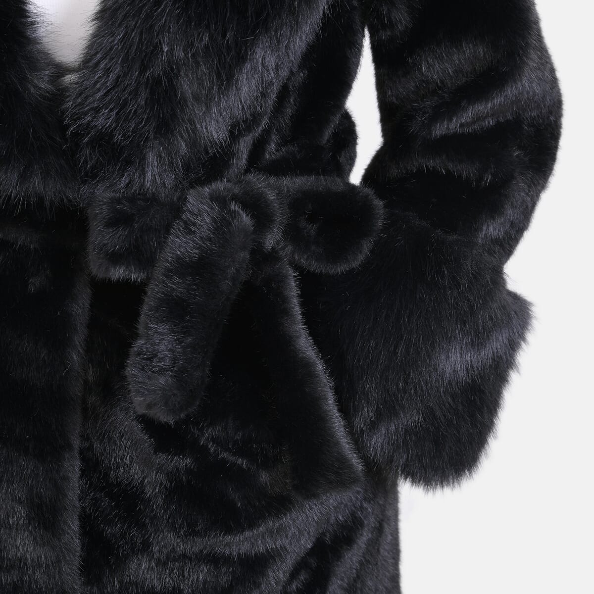 Tamsy Black Luxe Faux Fur Trench Coat with Pockets- One Size L-XL image number 5