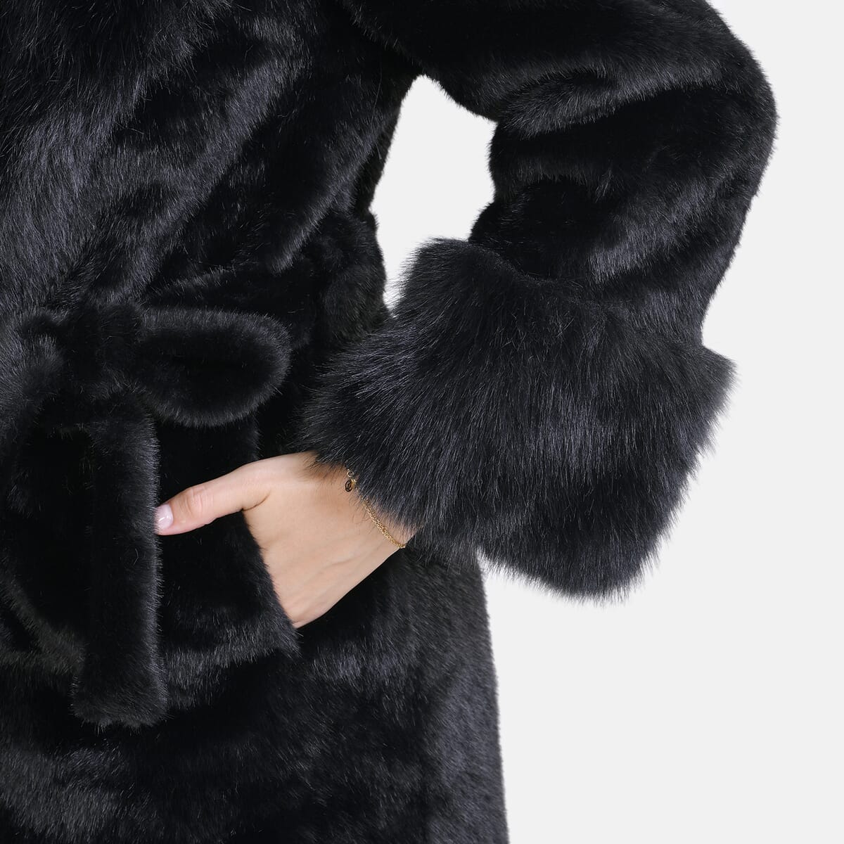 Tamsy Black Luxe Faux Fur Trench Coat with Pockets- One Size L-XL image number 6