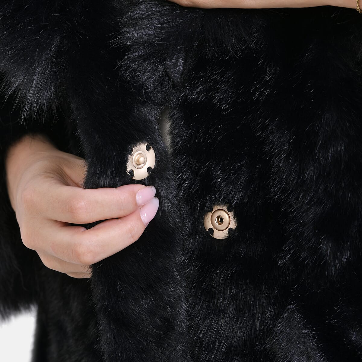 Tamsy Black Luxe Faux Fur Trench Coat with Pockets- One Size L-XL image number 7