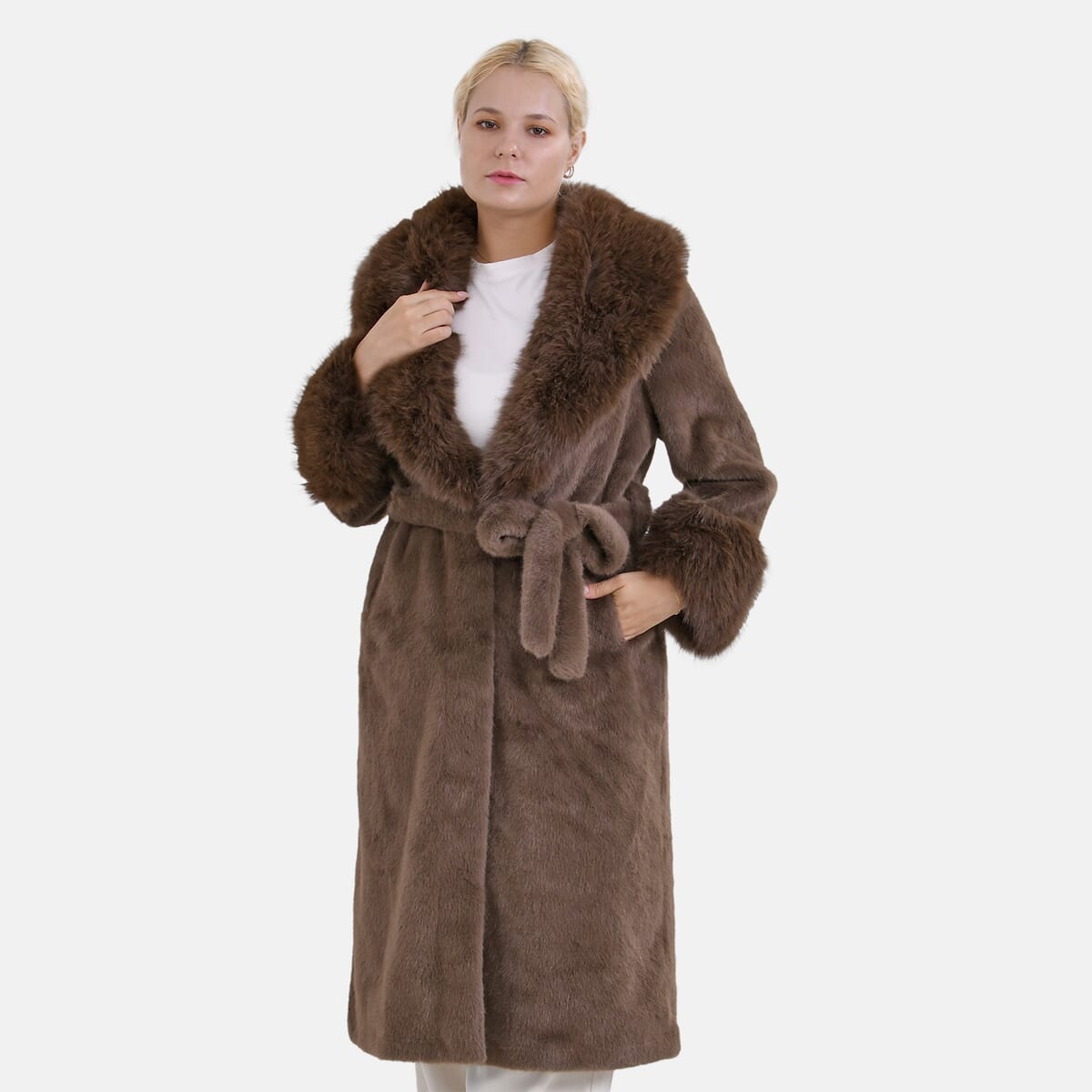 Tamsy Brown Luxe Faux Fur Trench Coat with Pockets- One Size S-L image number 0