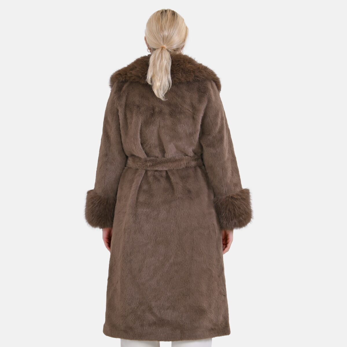 Tamsy Brown Luxe Faux Fur Trench Coat with Pockets- One Size S-L image number 1