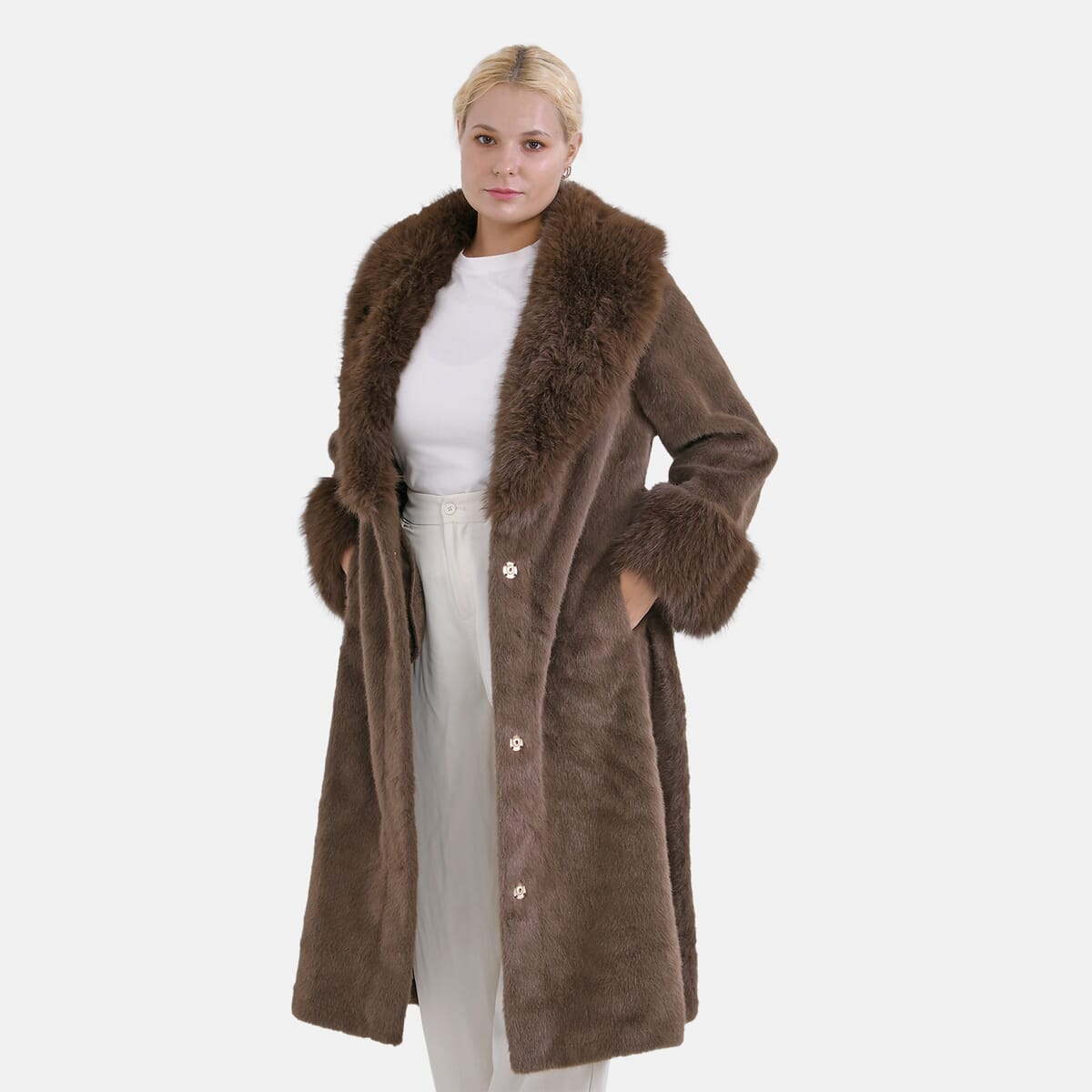 Tamsy Brown Luxe Faux Fur Trench Coat with Pockets- One Size S-L image number 2