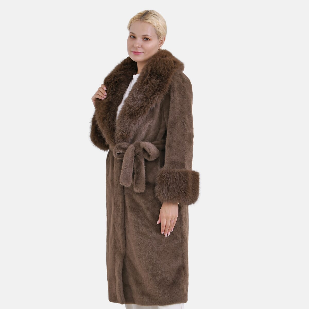 Tamsy Brown Luxe Faux Fur Trench Coat with Pockets- One Size S-L image number 3