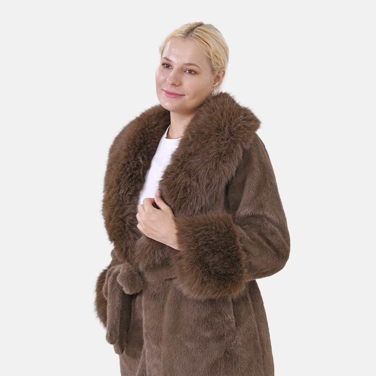 Tamsy Brown Luxe Faux Fur Trench Coat with Pockets- One Size S-L image number 4