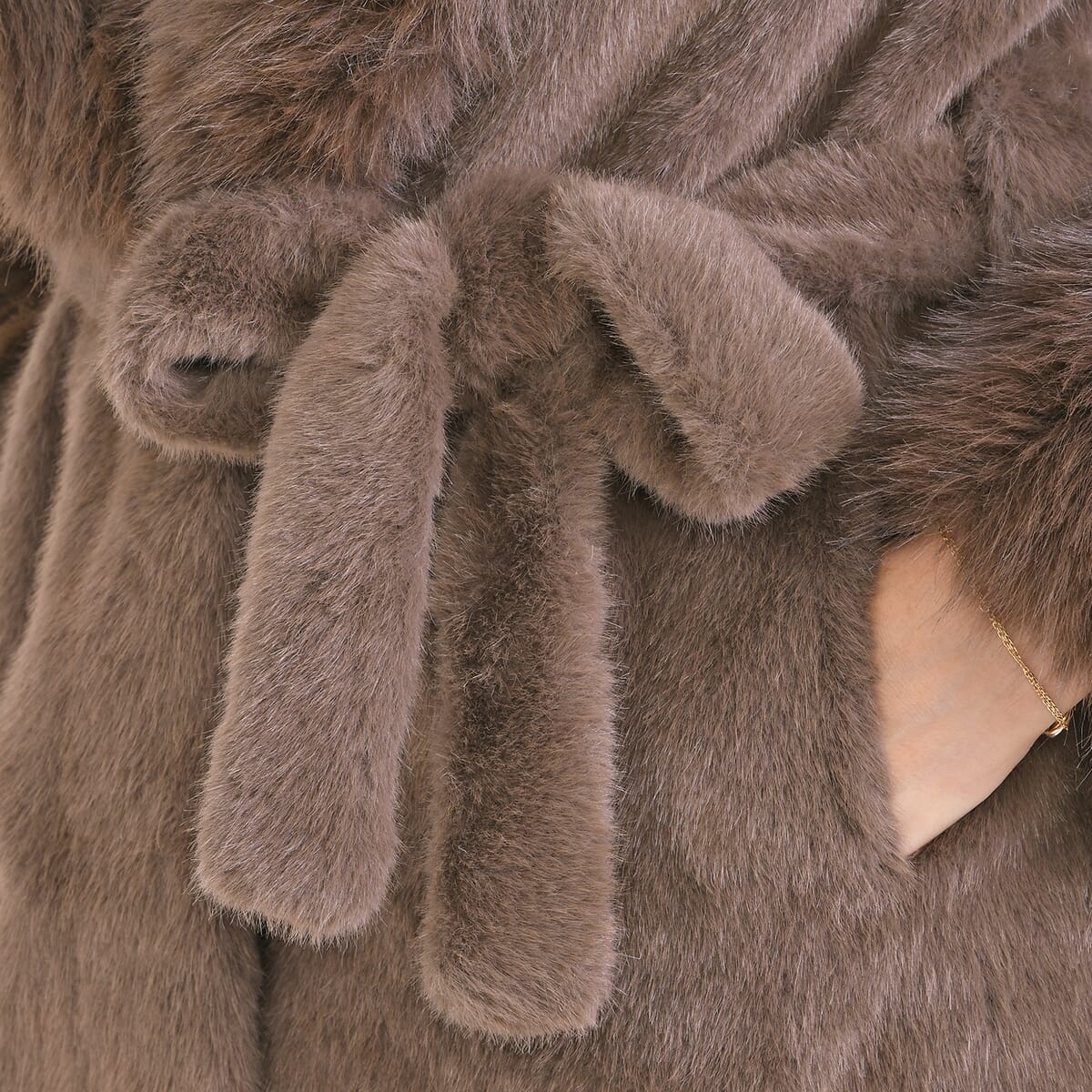 Tamsy Brown Luxe Faux Fur Trench Coat with Pockets- One Size S-L image number 5
