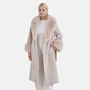 Tamsy Beige Luxe Faux Fur Trench Coat with Pockets- One Size S-L
