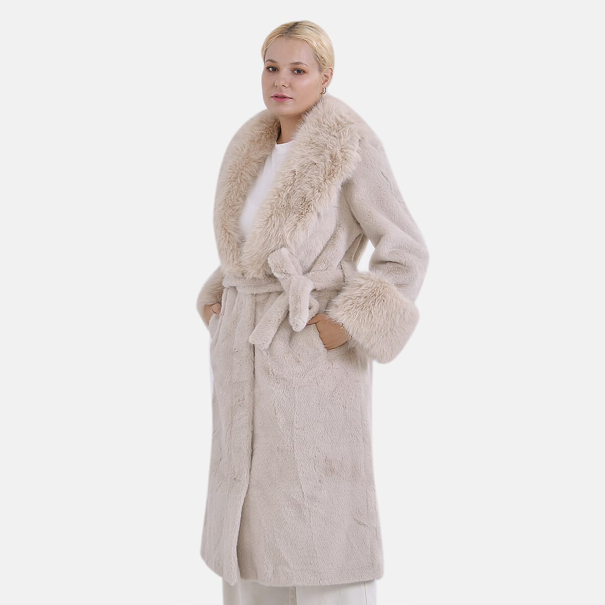 Tamsy Beige Luxe Faux Fur Trench Coat with Pockets- One Size S-L image number 2