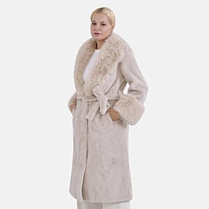 Tamsy Beige Luxe Faux Fur Trench Coat with Pockets- One Size S-L