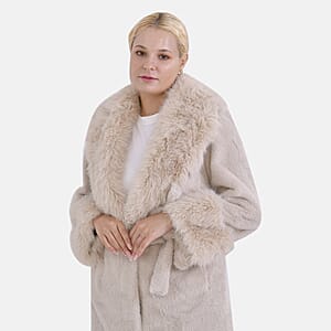 Tamsy Beige Luxe Faux Fur Trench Coat with Pockets- One Size S-L
