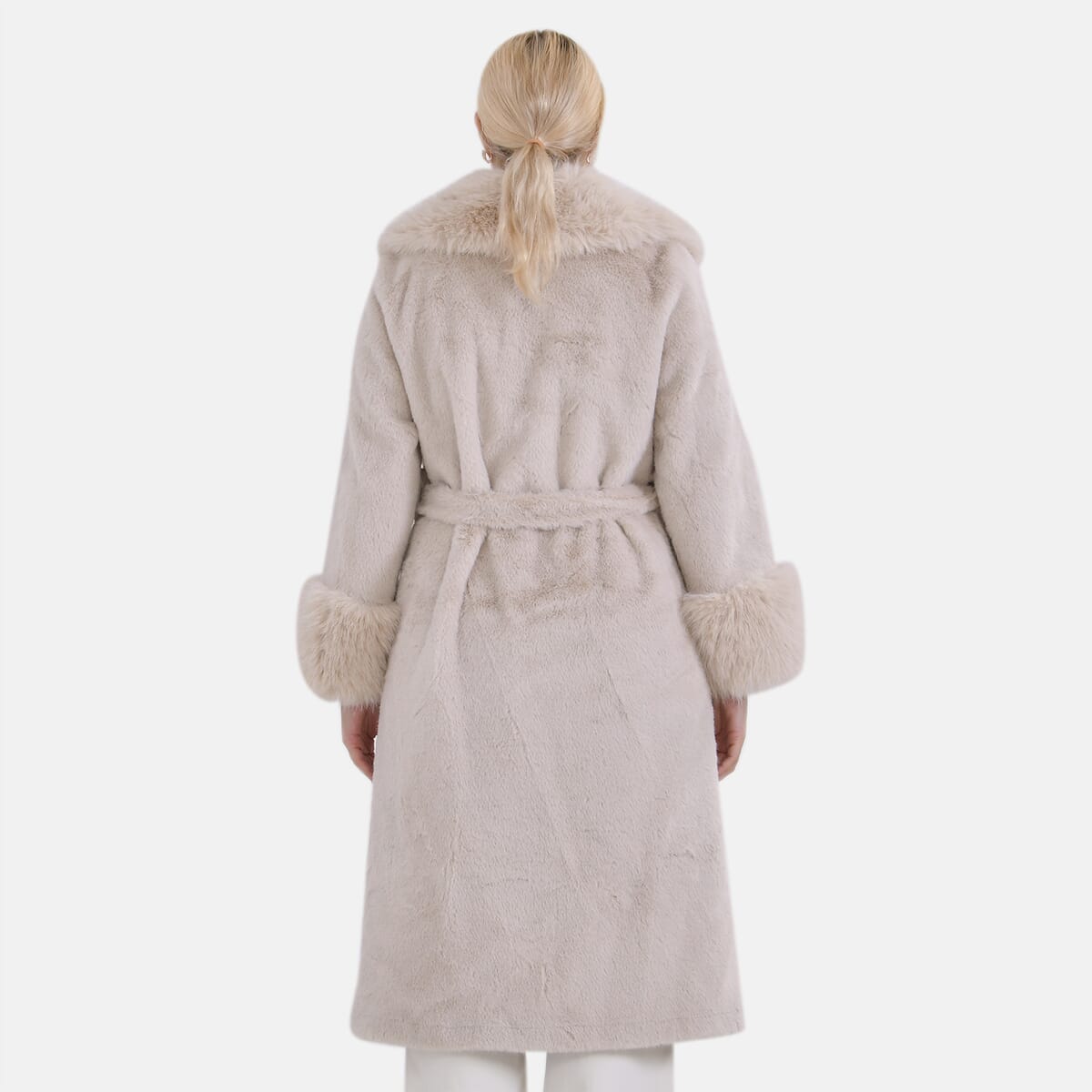 Tamsy Beige Luxe Faux Fur Trench Coat with Pockets- One Size L-XL image number 1