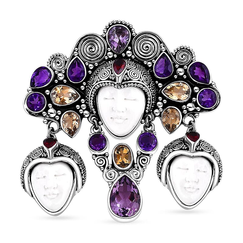 Bali Goddess Carved Bone, Multi Gemstone Pendant without Chain in Sterling Silver 18.20 ctw