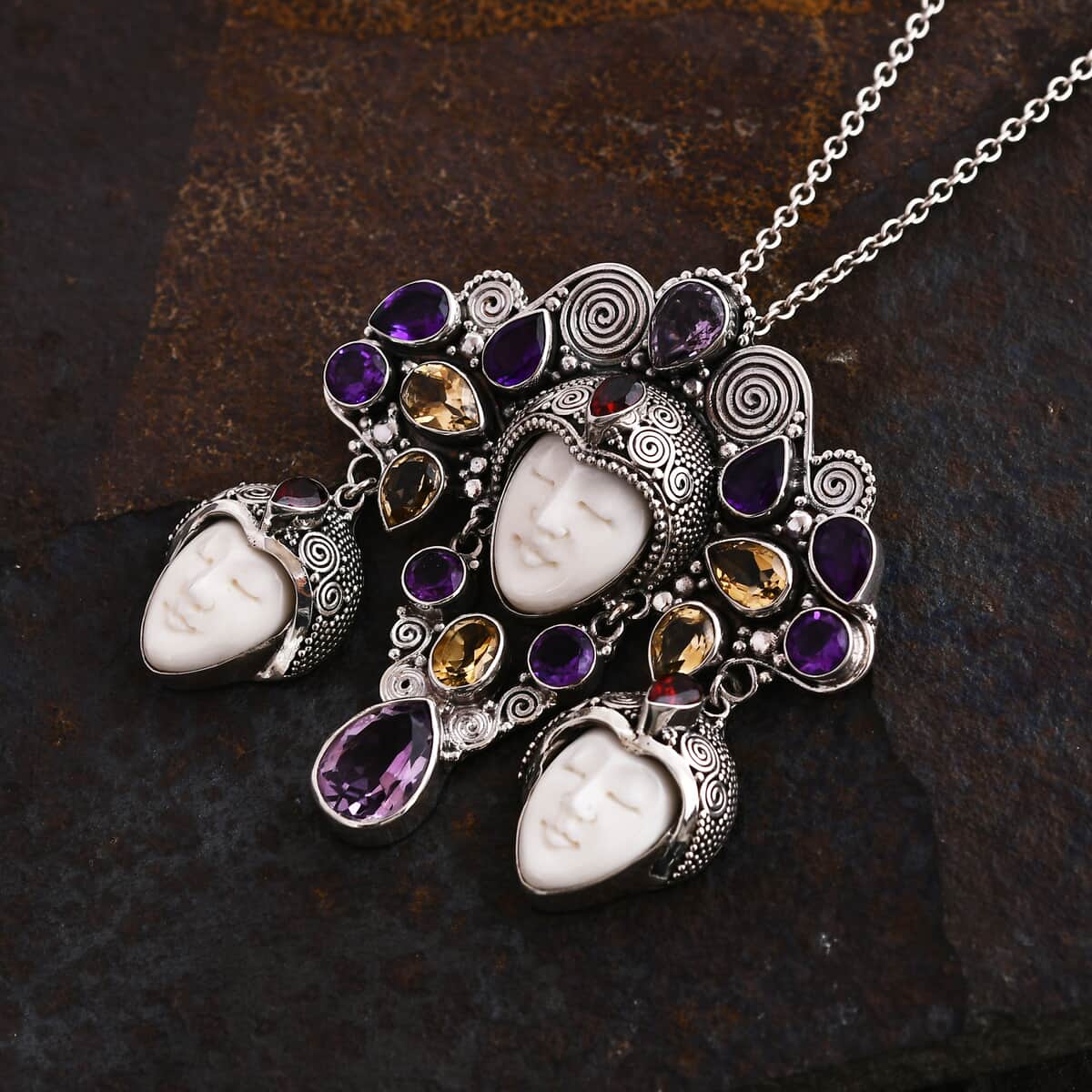 Sajen Silver Carved Bone and Multi Gemstone 18.20 ctw Pendant in Sterling Silver image number 1