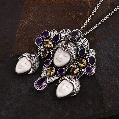 Bali Goddess Carved Bone, Multi Gemstone Pendant without Chain in Sterling Silver 18.20 ctw