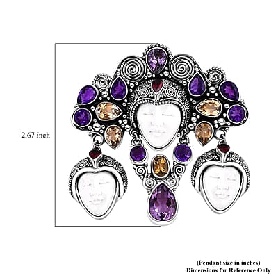 Bali Goddess Carved Bone, Multi Gemstone Pendant without Chain in Sterling Silver 18.20 ctw