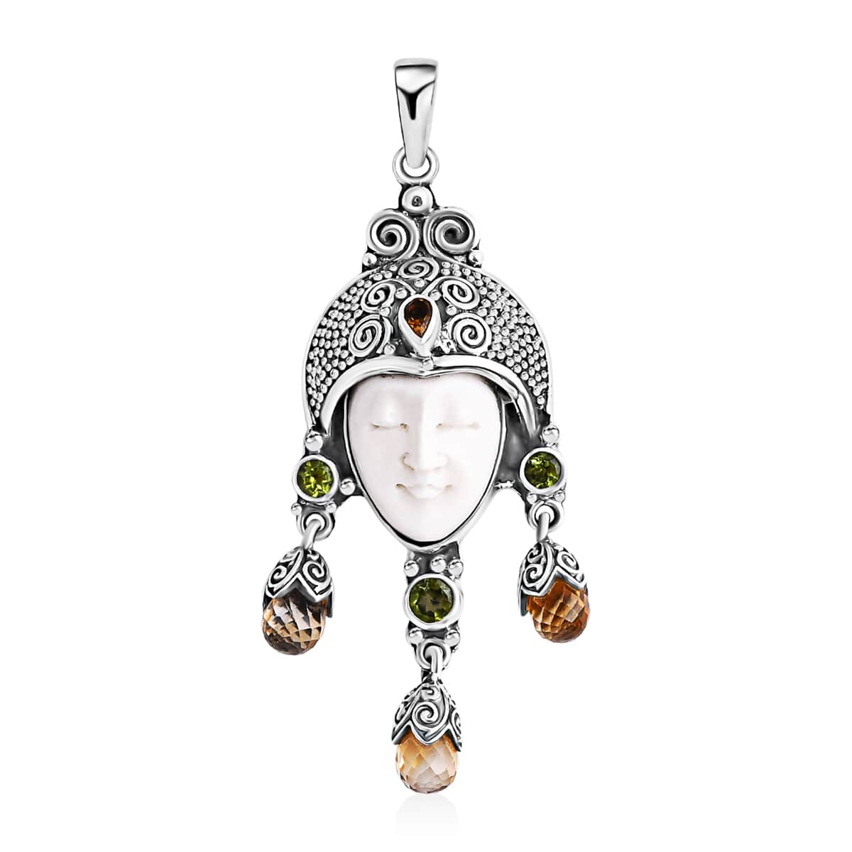 Bali Goddess Carved Bone and Multi Gemstone 7.70 ctw Pendant in Sterling Silver image number 0