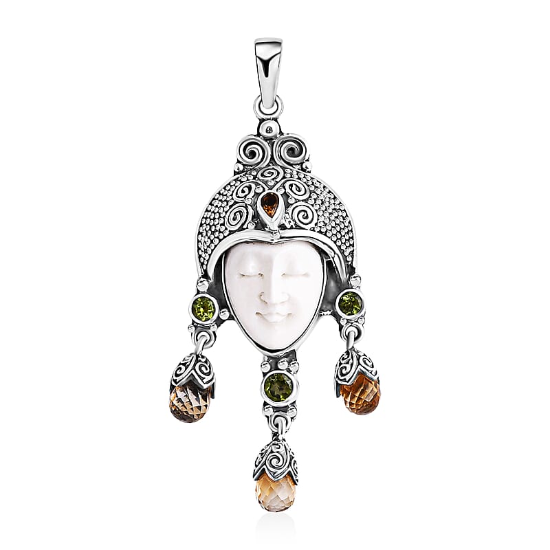 Bali Goddess Carved Bone and Multi Gemstone 7.70 ctw Pendant without Chain in Sterling Silver