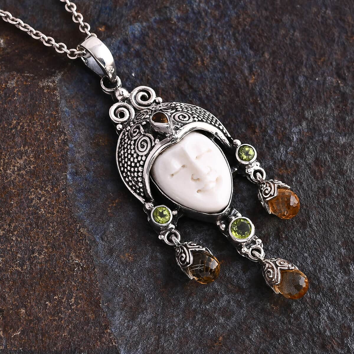 Bali Goddess Carved Bone and Multi Gemstone 7.70 ctw Pendant in Sterling Silver image number 1