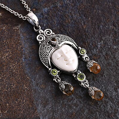 Bali Goddess Carved Bone and Multi Gemstone 7.70 ctw Pendant without Chain in Sterling Silver