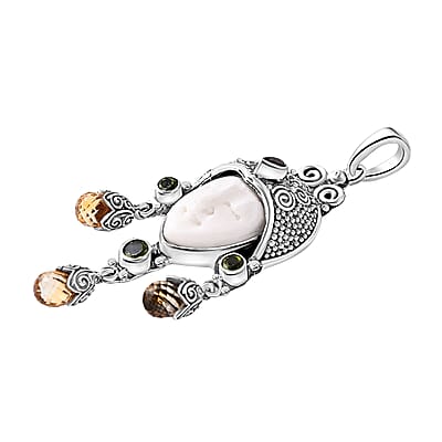 Bali Goddess Carved Bone and Multi Gemstone 7.70 ctw Pendant without Chain in Sterling Silver